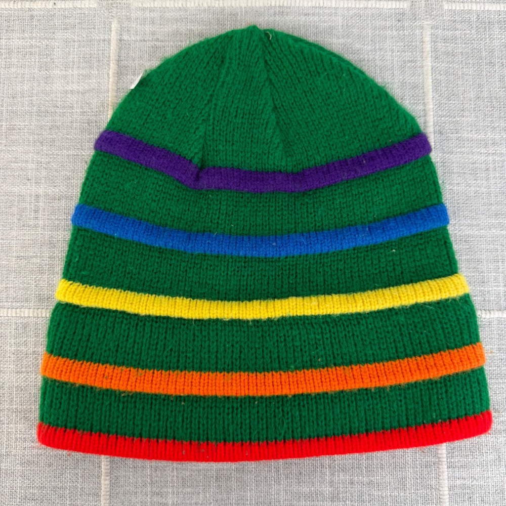 Vintage Green Rainbow Knit Striped Hat Beanie Cap Winter Retro 80s 90s VTW